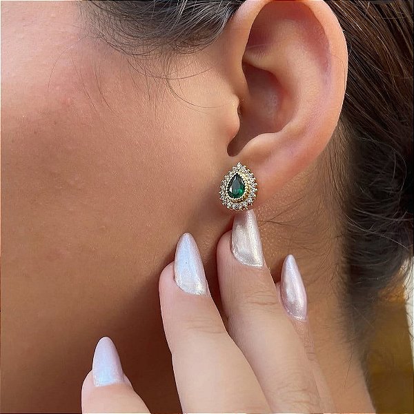 Brinco Gota Zirconia Verde Borda Cristal Folheado a Ouro 18k