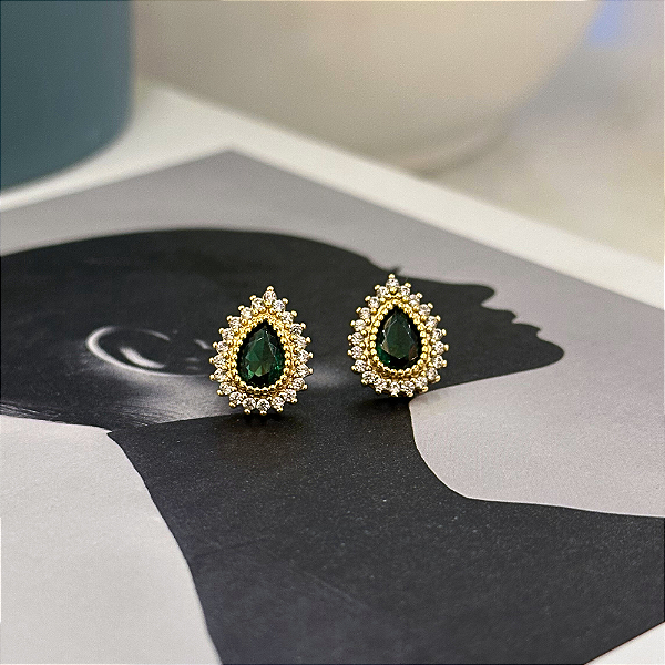 Brinco Gota Zirconia Verde Borda Cristal Folheado a Ouro 18k