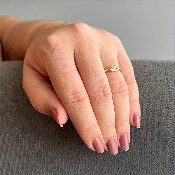 Anel Navete Cristal com a Borda Cravejada Folheado a ouro 18K