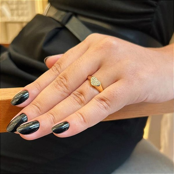 Anel Aro Liso com Coração Pavê Cravejado Cristal Folheado a ouro 18K