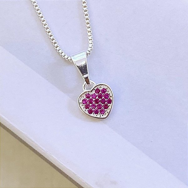 Colar Coração Pavê Cravejado Vermelho Folheado a prata 925