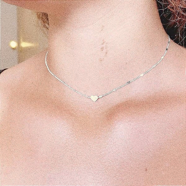 Colar Corrente Coração e Coração Liso Folheado a prata 925