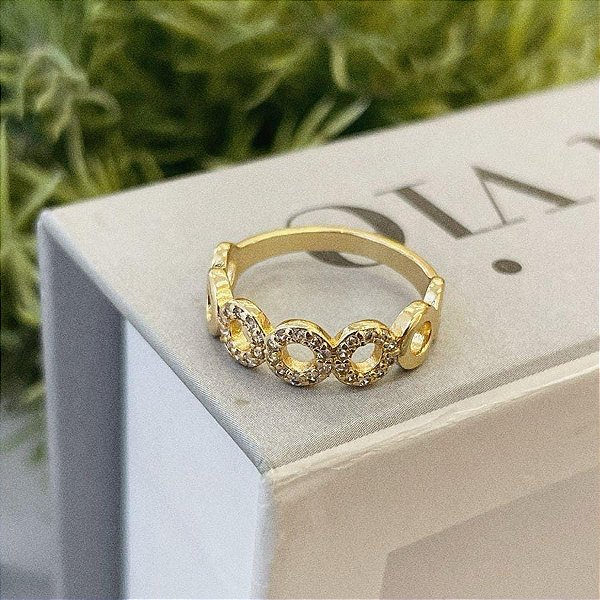 Anel de Falange com Círculos Lisos e Cravejados Frontal Folheado a ouro 18K