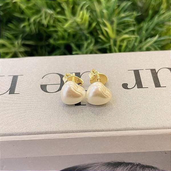Brinco de Pérola Coração G Folheado a ouro 18K