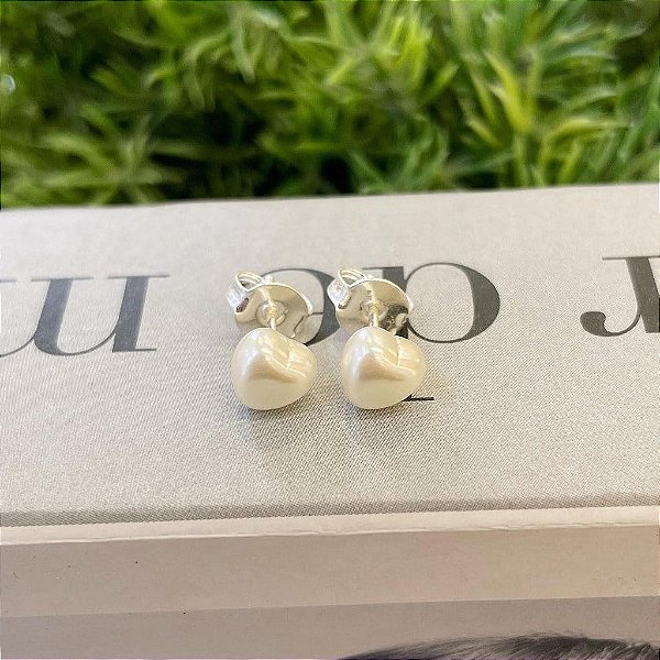 Brinco de Pérola Coração M Folheado a prata 925