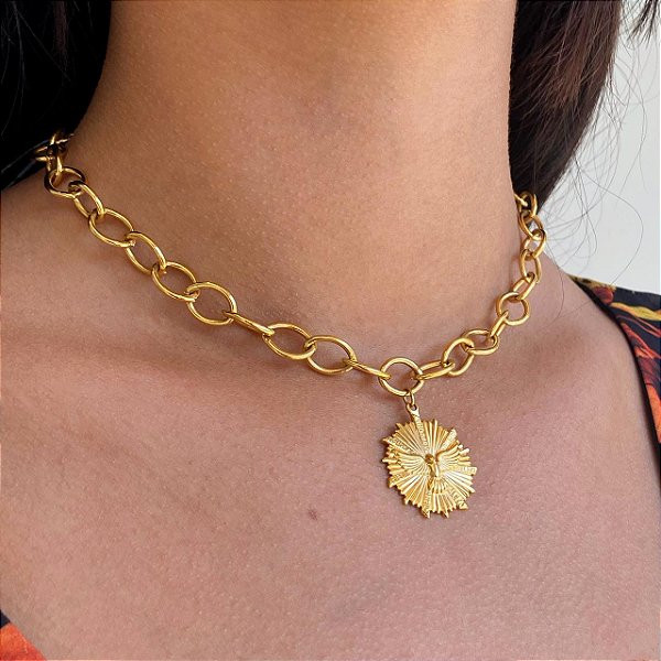Choker Pingente Espírito Santo Folheado a Ouro 18K