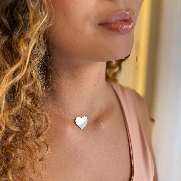 Colar Nylon Coração Chapa Folheado a prata 925