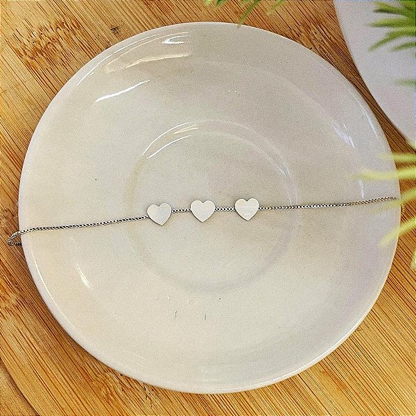 Pulseira Veneziana com 3 Corações Chapinha Steel