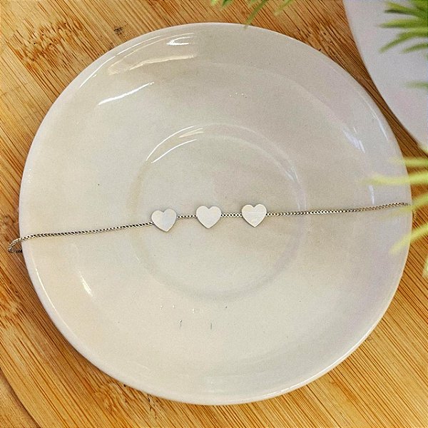 Pulseira Veneziana com 3 Corações Chapinha Steel