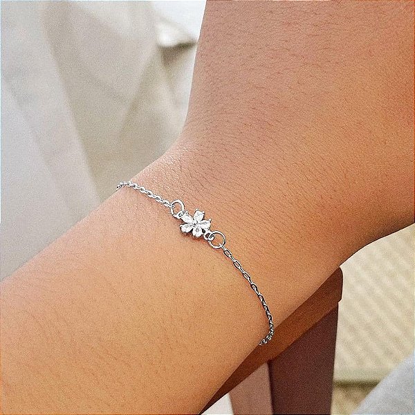 Pulseira Correntinha Pingente Flor Zircônias Steel