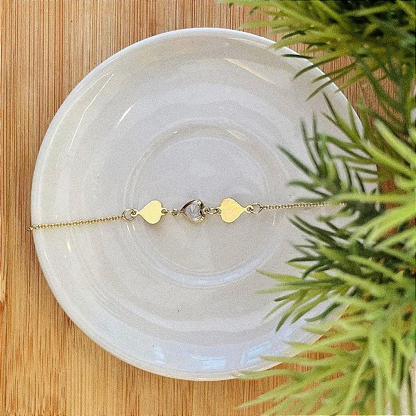 Tornozeleira Correntinha Corações Chapa e Cristal Folheado a ouro 18K