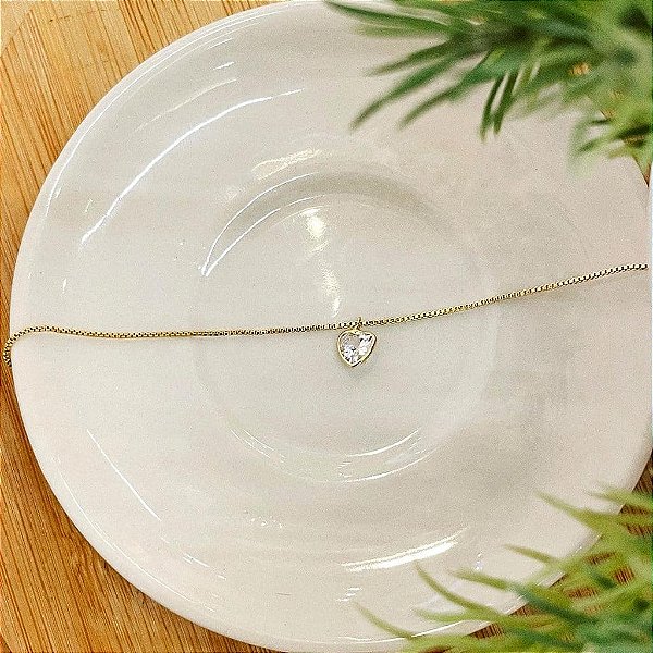 Tornozeleira Veneziano Pingente Coração Cristal Folheado a ouro 18K