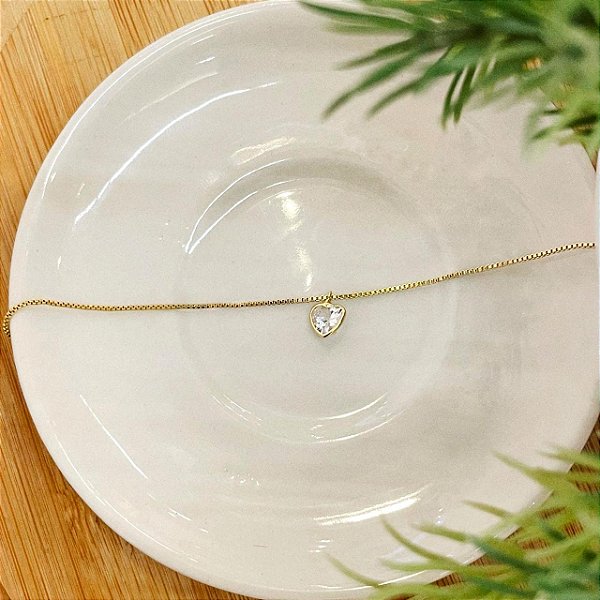 Tornozeleira Veneziano Pingente Coração Cristal Folheado a ouro 18K