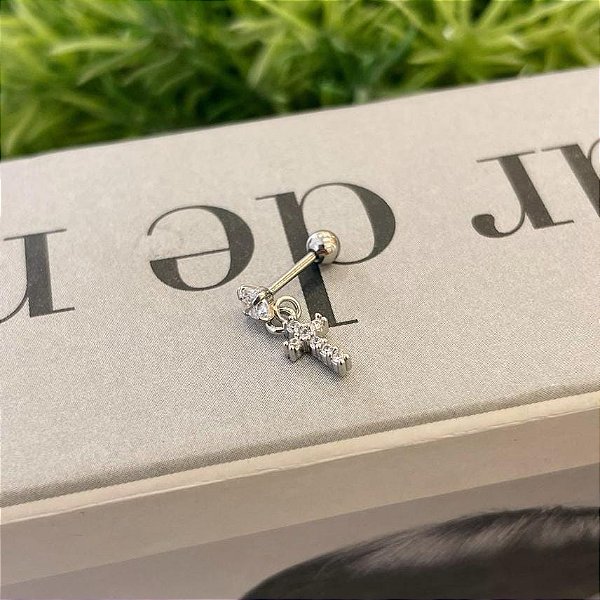 Piercing Ponto de Luz Pingente de Cruz Cravejada Steel