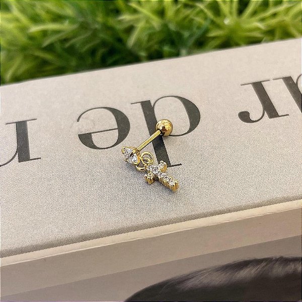 Piercing Ponto de Luz Pingente de Cruz Cravejada Folheado a ouro 18K