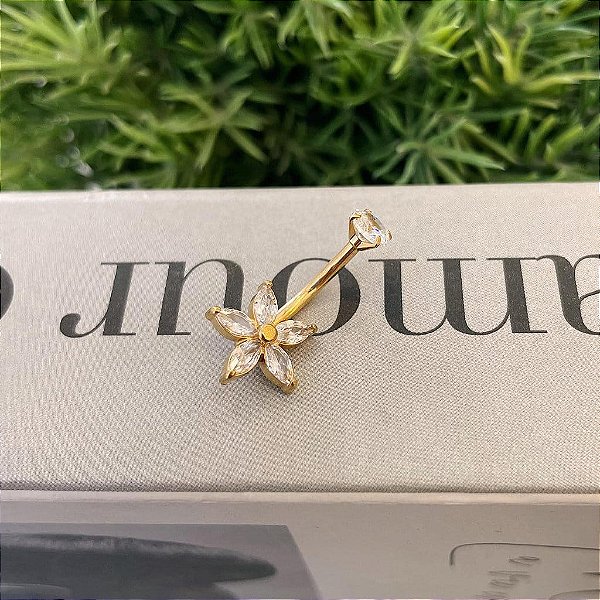 Piercing Umbigo Flor Zirconias Navetes Folheado a ouro 18K