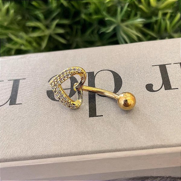 Piercing Umbigo Coração Desenhado Cravejado Folheado a ouro 18K