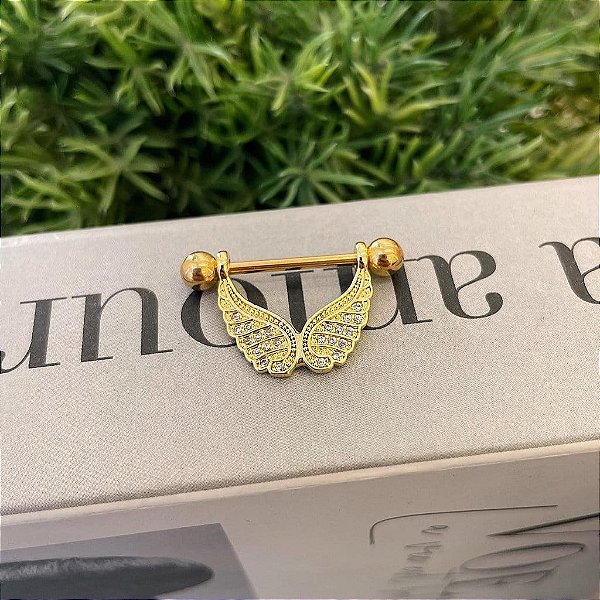 Piercing Mamilo Meia Argola Asa Cravejada Folheado a ouro 18K