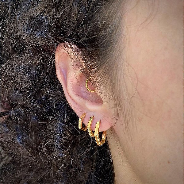 Trio de Argolas Hexagonais Lisas Folheado a ouro 18K