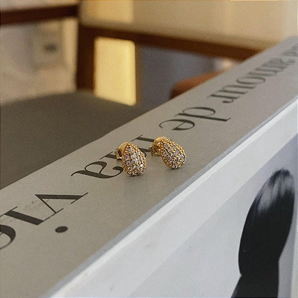 Brinco Gotinha Cravejada Abaulado Folheado a Ouro 18k