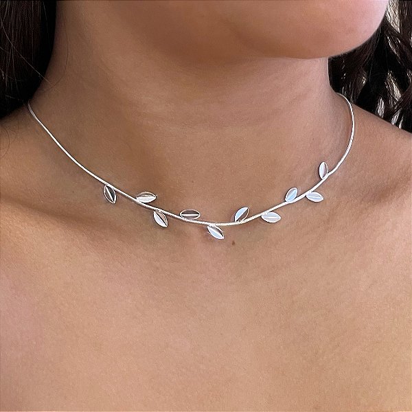 Colar Choker Rabo de Rato e Folhas Lisas Folheado a prata 925