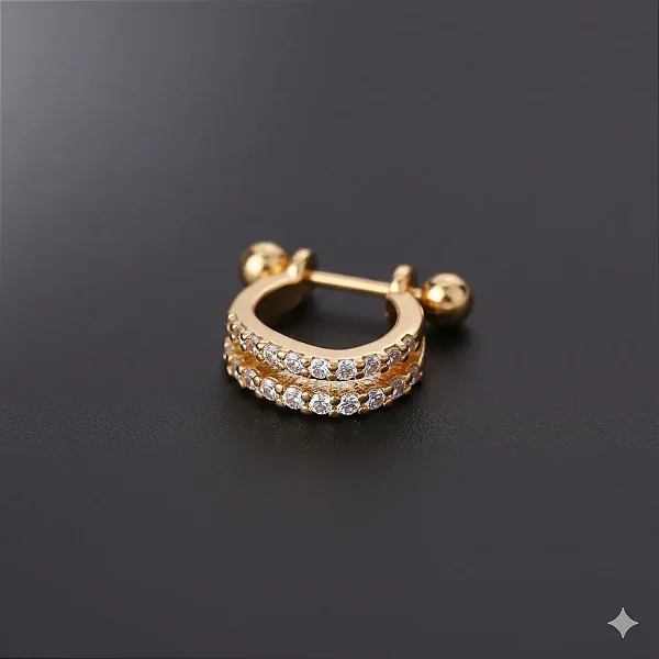 Piercing Meia Argola Helix Fio Duplo Cravejado Ondulado Folheado a Ouro 18k
