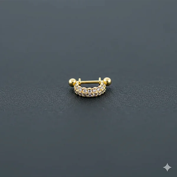 Piercing 2 em 1 Meia Argola 1 Fio com Zircônias Redondas Folheado a Ouro 18k