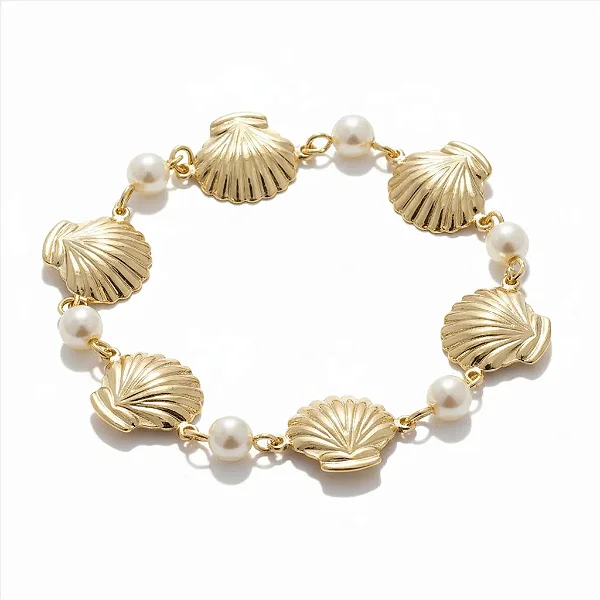 Pulseira Conchas e Pérolas Folheada a Ouro 18k