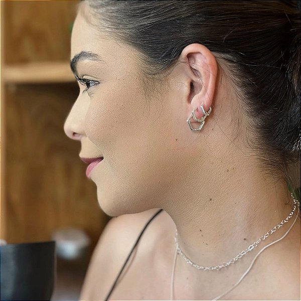 Trio de Argolas Hexagonais Lisas Folheado a Prata 925