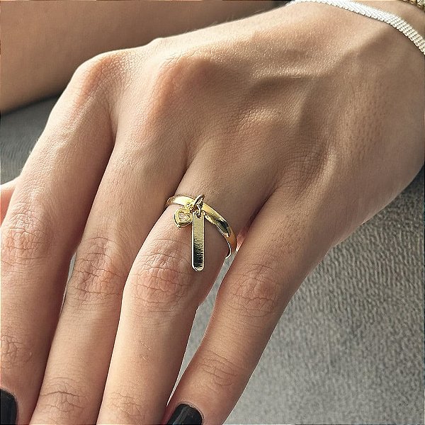 Anel Aliança Plaquinha e Coração Zircônia com gravação Folheado a ouro 18K