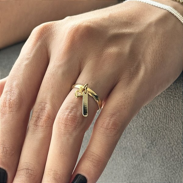 Anel Aliança Plaquinha e Coração Zircônia com gravação Folheado a ouro 18K
