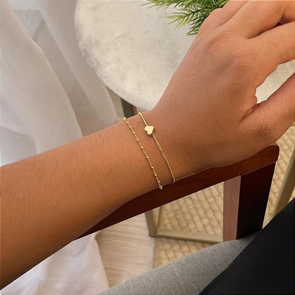 Pulseira Fio Duplo Bolinhas e Pingente Coração Liso Folheado a ouro 18K