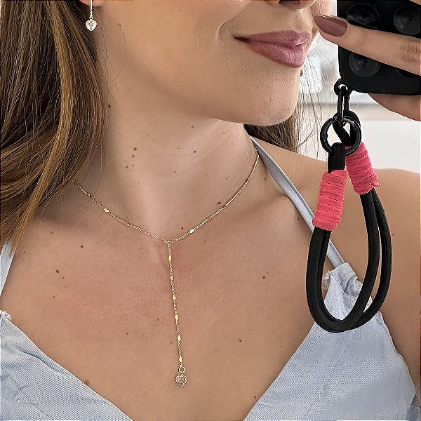 Gravatinha Corrente Corações Chapa e Pingente Coração Cristal Folheado a ouro 18K