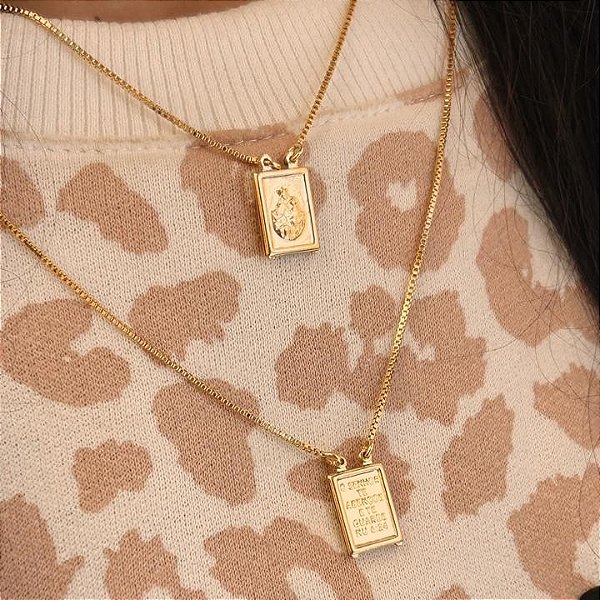 Escapulário Sagrado Coração e Nossa Senhora do Carmo Folheado a ouro 18K