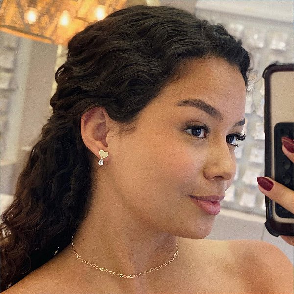 Brinco Coração Liso com Gota Cristal Folheado a ouro 18K