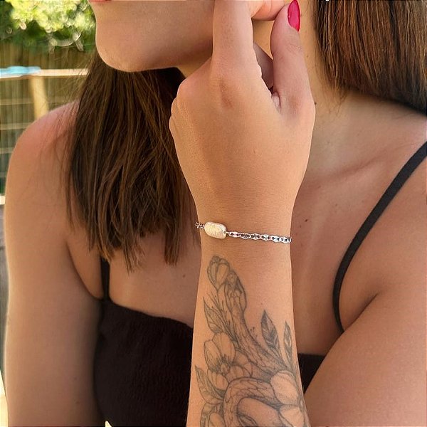 Pulseira Elos Trabalhados Pérola Retangular Orgânica Steel