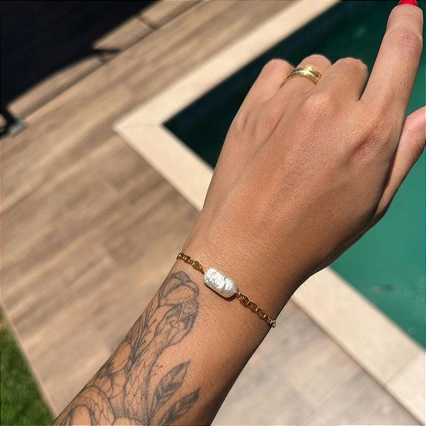 Pulseira Elos Trabalhados Pérola Retangular Orgânica Folheado a ouro 18K