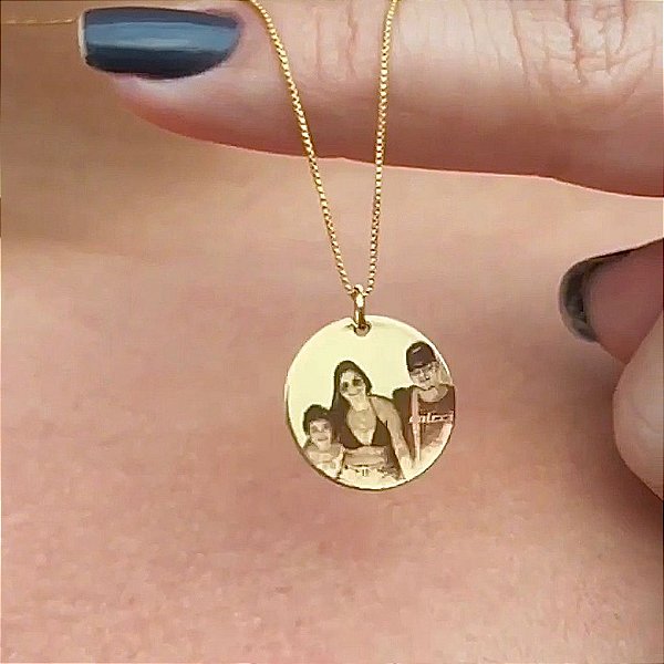 Colar Fotogravação Medalha 16mm Corrente Veneziana Folheado a Ouro