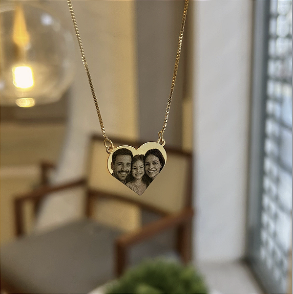 Colar Fotogravação Coração Chapa Veneziano Folheado a Ouro 18k
