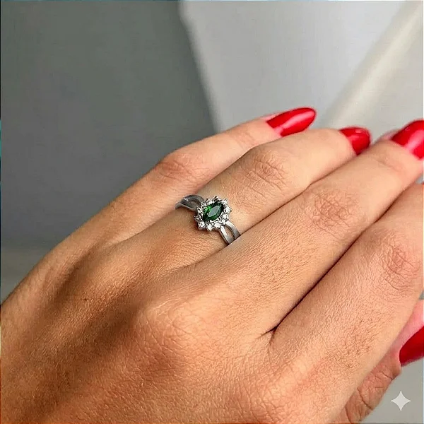Anel Navete Verde Borda Cravejada Aro Trançado Steel