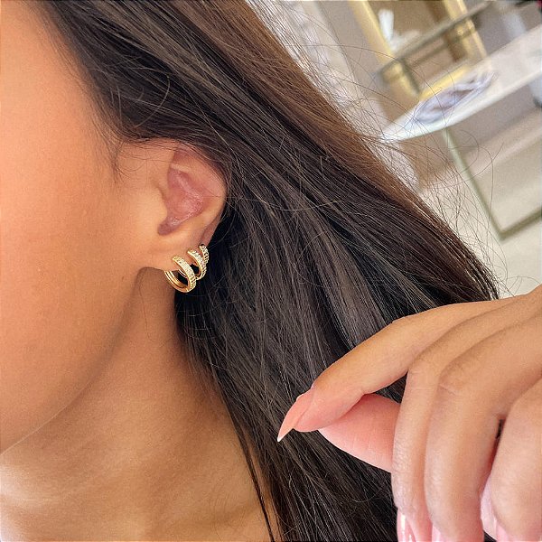 Trio de Argola Cravejada Cristal Fio Duplo Folheado a ouro 18K