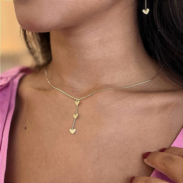 Gravatinha Pendente Corações Folheado a ouro 18K