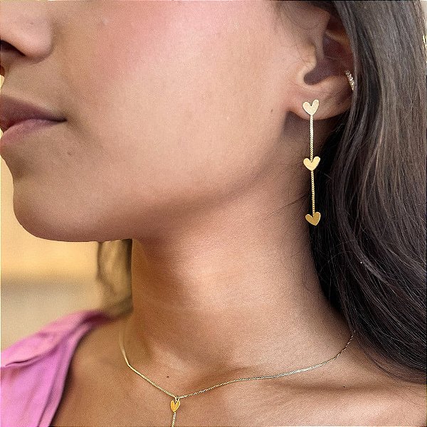 Brinco Cascata Corações Lisos Folheado a ouro 18K