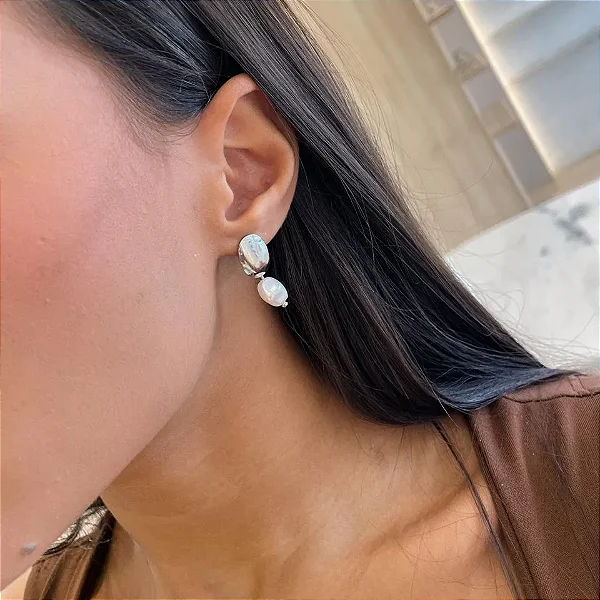 Brinco Base Lisa e Pérola Solitária Organica Steel