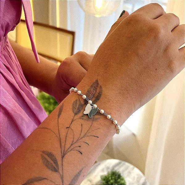 Pulseira de Pérolas Pingente Borboleta 3D Steel