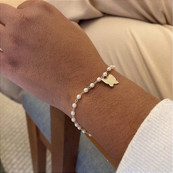 Pulseira de Pérolas Pingente Borboleta 3D Folheado a ouro 18K