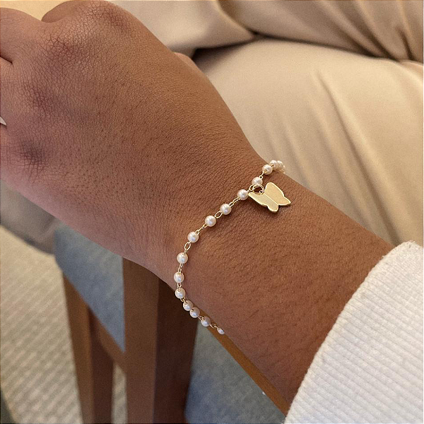 Pulseira de Pérolas Pingente Borboleta 3D Folheado a ouro 18K