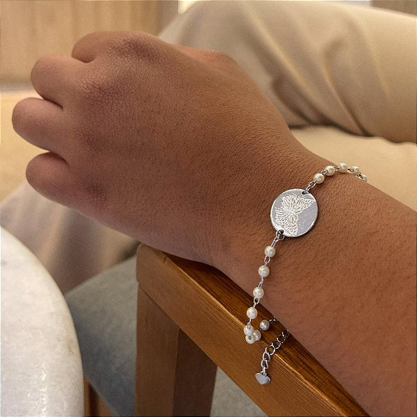 Pulseira de Pérolas Medalha Borboleta Steel