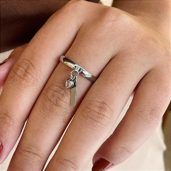 Anel Aliança Plaquinha e Coração Zircônia Steel