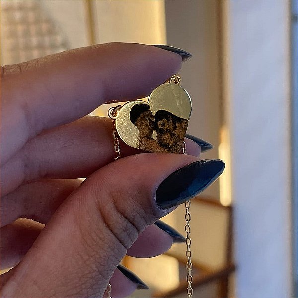 Colar Fotogravação Coração Chapa Correntinha Folheado a ouro 18K